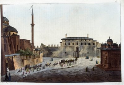 君士坦丁堡：Serail 的门。 除了与前任住在一起的人之外，索利曼大帝是第一个将他的整个庭院和后宫带到那里的人。 在“” Le服装古代与现代 作者 未知艺术家