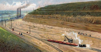 20 世纪 30 年代建造阿尔伯特运河，连接比利时列日港和安特卫普港（20 世纪 30 年代在比利时安特卫普和列日之间开挖阿尔伯特运河） 变色石版画 作者 未知艺术家