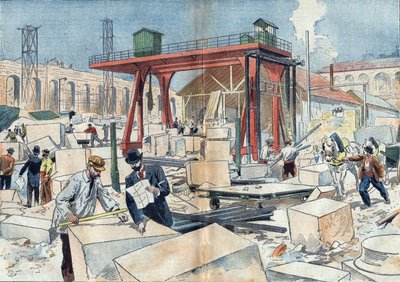 1898年巴黎大皇宫的建设，是在1900年世界博览会之际进行的。中间是用于切割切石的钻石轮。7月3日《Le Pelerin》杂志的插图 作者 未知艺术家