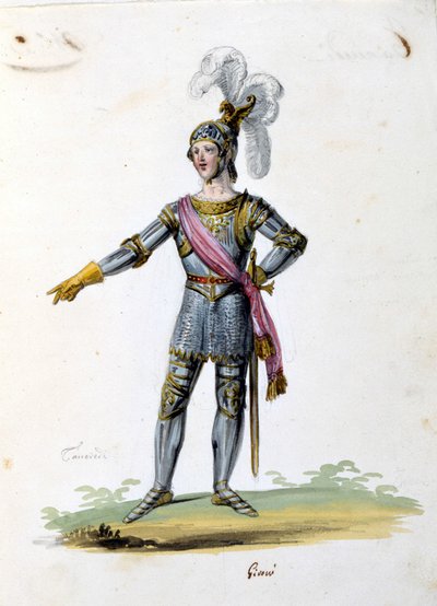 吉罗尼为焦阿奇诺·罗西尼 (Gioacchino Rossini) 的歌剧“坦克雷迪”(Tancrede) 绘制的坦克雷德角色服装。 1813 作者 未知艺术家