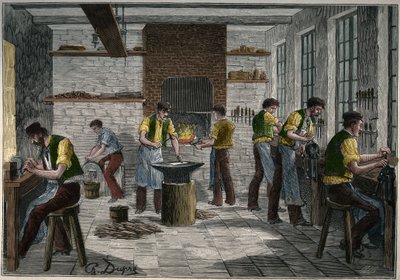 19世纪法国的刀具作坊。1885年阿道夫-比塔尔在 "Les arts et metiers illustrstres "中的雕刻。 作者 未知艺术家