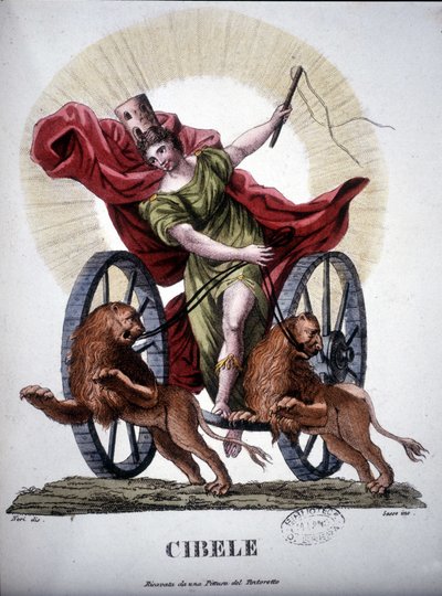Cybele，代表自然界生殖能力的神灵--在 "Dizionario mitologico "中，19世纪根据Tintoretto的画作雕刻的，Bibl. di Brera，米兰。 作者 未知艺术家