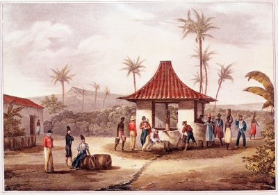 佛得角（Cape Verde）的日常生活 居民在喷泉处渡口。 19 世纪的石版画。 里斯本 Outremer 历史档案馆 作者 未知艺术家