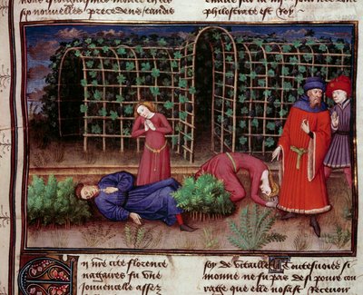 死亡 两个人死于死亡。 Jean Boccace (Giovanni Boccaccio) (1313-1375) 1450 年巴黎，阿森纳图书馆的“十日谈”缩影 作者 未知艺术家