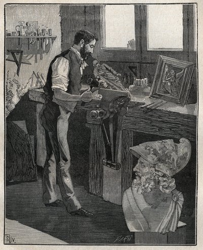 银器的装饰：青铜凿子。1885年阿道夫-比塔尔（Adolphe BITARD）在 "Les arts et metiers illustrstres "中的雕版画。 作者 未知艺术家