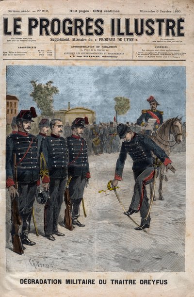 阿尔弗雷德-德雷福斯的堕落--德雷福斯案。1895年1月5日阿尔弗雷德-德雷福斯在巴黎军事学校的院子里被降级--1895年 "杰出的进步 "中的版画---。 作者 未知艺术家