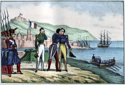 布尔蒙伯爵路易-奥古斯特（Maréchal de Bourmont）（1773-1846）于1830年离开阿尔及利亚。载于莱昂-加利贝尔的《古今阿尔及利亚》。1846年意大利版彩色。 作者 未知艺术家