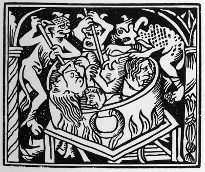 魔鬼在火和硫磺的井中折磨着茂盛的生命--载于 "Grand Calendrier et Compost des Bergers", Lyon 作者 未知艺术家