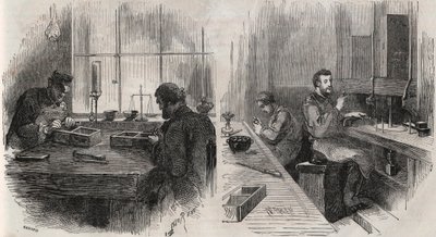 荷兰车间的钻石切割：分割者和抛光者 - 雕刻在 "世界插图 "上 作者 未知艺术家