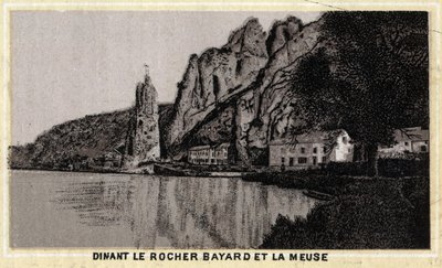 比利时Wallonia的Dinant, le Rocher Bayard et la Meuse。19世纪末的彩色石版画。 作者 未知艺术家