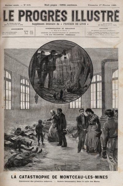 1895年勃艮第圣欧根尼井的灾难或Montceau-les-Mines的灾难--1895年 "Le Progres illustrious "中的雕刻。 作者 未知艺术家