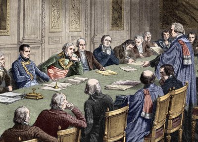 国务委员会（1800-1804 年）对民法典的讨论，在第一任执政官拿破仑·波拿巴的主持下，让·雅克·雷吉斯·德·康巴塞雷斯 (Jean Jacques Regis de Cambaceres) 担任主席。 19世纪的雕刻。 作者 未知艺术家