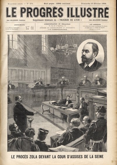 德雷福斯案。埃米尔-左拉（1840-1902）在审判阿尔弗雷德-德雷福斯的海选法庭上 作者 未知艺术家