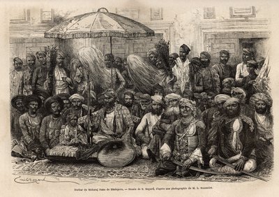 Dholepore（拉贾斯坦邦）王国 Maharaja Rana 的 Durbar（王侯国的封建和法律委员会）。 1864-1868 年，Louis Rousselet 创作的 Engravure pour illustrrer l