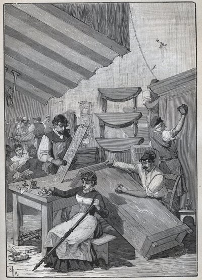 Ebenisterie：邮票上光车间。1885年阿道夫-比塔尔（Adolphe BITARD）在 "Les arts et metiers illustrstres "中的雕版。 作者 未知艺术家