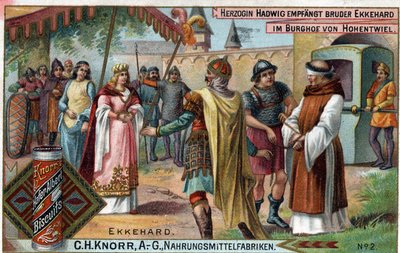 圣加仑（St. Gallen）的艾克哈德四世或艾克哈特（980 -1057）博学者，和拉丁诗人。哈德维格公爵夫人在霍恩特维尔城堡的院子里接待艾克哈德兄弟。对页："艾克哈德修士，公爵夫人委托他到她的城堡作为 作者 未知艺术家