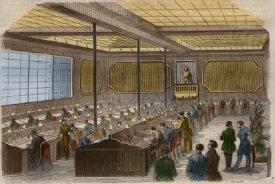 电报：位于巴黎的法国内政部的电报线路中心站的景观。1856年在 "Le Musee Des Sciences "的雕版画。 作者 未知艺术家