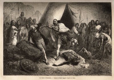 皇帝（或 negus）西奥多罗斯二世（Tewodros）（生于 1818-1868 年左右，在他为埃塞俄比亚帝国加冕前称卡萨海鲁）用他的枪威胁。 感到受到侮辱 作者 未知艺术家