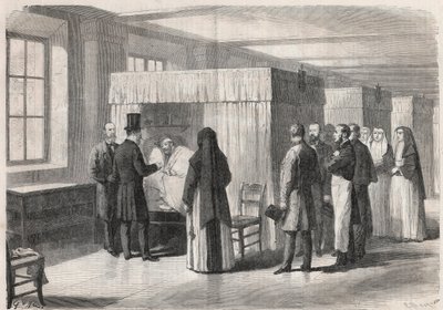 拿破仑三世（1808-1873）参观了迪厄酒店（Hotel-Dieu）为霍乱患者提供的房间，并与他们交谈 - 雕刻在 "插图世界 "中。 作者 Unknown artist