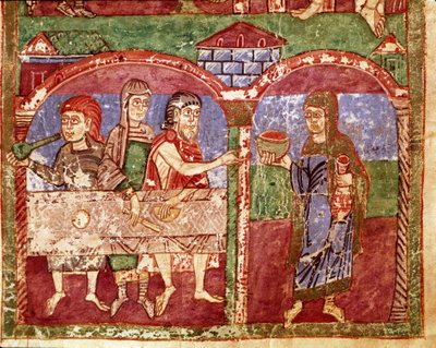 法兰克国王克洛泰尔一世的妻子 Sainte Radegonde (Radegundis) de Poitiers (519-587) 生平剧集：Radegonde 在慈善工作期间为穷人服务。 11 世纪手稿的缩影。 普瓦捷市立图书馆 作者 未知艺术家