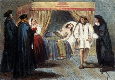 曼图亚公爵文森特一世 (1562 - 1612) 于 1584 年与弗朗索瓦·德·美第奇的女儿埃莱奥诺尔 (Eléonore) 结婚的男子气概测试集。他被怀疑没有任何继承人。 19 世纪的石版画。 作者 未知艺术家