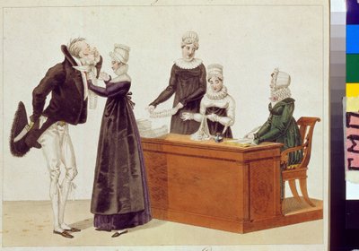 试穿睡衣。佚名作品，纸面水彩画，约 1815 年。漫画，19 世纪。莫斯科普希金国家博物馆。 作者 未知艺术家