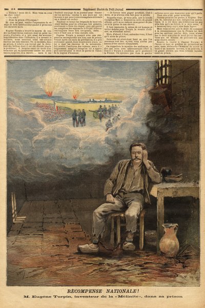 尤金·特平（Eugene Turpin，1848-1927 年）化学家，1884 年在他的牢房中发明了melinite（一种炸药），他被指控（错误地）将他的发明卖给了敌人。 他启发儒勒·凡尔纳 (Jules Verne) 在小说《长篇大论》中饰演托马斯·罗克 (Thomas Roch) 的角色。 雕刻在 作者 未知艺术家