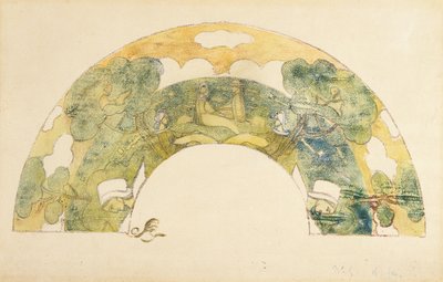 Evantail - Bretons Au Bord De La Mer（《扇子 - 海边的布列塔尼人》）（锌版画和单版画，手工上色） 作者 未知艺术家