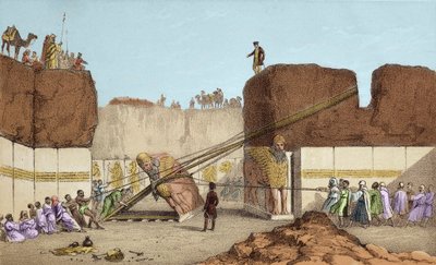 尼尼微(Nineveh)的发掘--亨利-拉雅德(Henri Layard)在19世纪到美索不达米亚旅行后，对尼姆鲁德(Nimroud)废墟的发掘；大公牛翅膀的替换--在奥斯汀-亨利爵士的发掘中，从尼姆鲁德运来了一头有翅膀的公牛 作者 未知艺术家