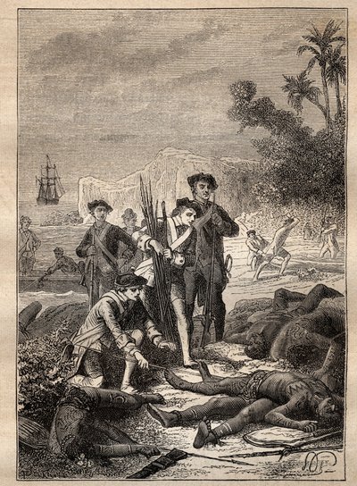 让-弗朗索瓦-德-苏维尔（1717-1770）在南洋的远征（1769-1770）：苏维尔的水手们收集在战斗中死去的原住民的武器（新爱尔兰，巴布亚新几内亚）--插图取自《伟大的水手》。 作者 未知艺术家