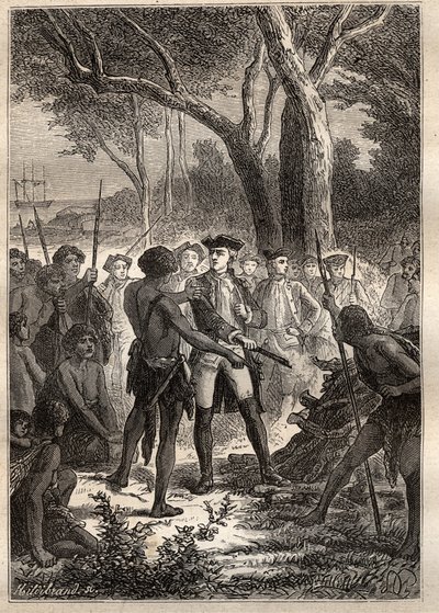 尼古拉-托马斯-马里昂-杜弗伦（Marion Dufresne）（1729-1772）的远征。马里昂在弗雷德里克-亨利湾（塔斯马尼亚）登岸，被原住民提供了一个点燃的烙印--插图摘自 "18世纪伟大的航海家" 作者 未知艺术家