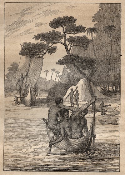 尼古拉-托马斯-马里昂-杜弗伦（Marion Dufresne）（1729-1772）的探险：来自阿德米罗特群岛（俾斯麦群岛，巴布亚新几内亚）的独木舟--插图取自 "18世纪伟大的航海家" 作者 未知艺术家