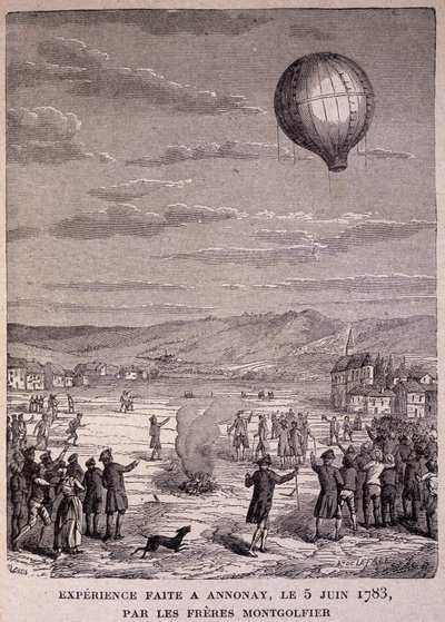1783年6月5日，Montgolfier兄弟在Annonay进行的实验--载于 "当代人"，约19世纪末。 作者 未知艺术家