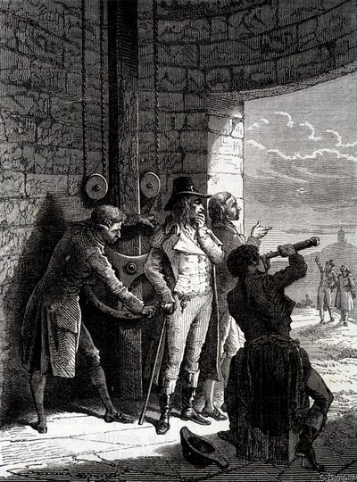 1793 年 7 月 12 日在公约委员面前从 Ménilmontant 到 Saint-Martin-du-Tertre 的 Chappe 电报实验 - 在 Louis Figuier 的““行业奇迹”中 作者 未知艺术家