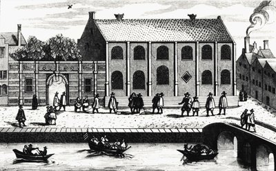 纪尧姆-德-拿骚于1575年创建的莱顿大学的建筑外景。在 "Illustrium Hollandiae等，Ordinum，Alma academia Leydensis "之后的版画。 作者 未知艺术家