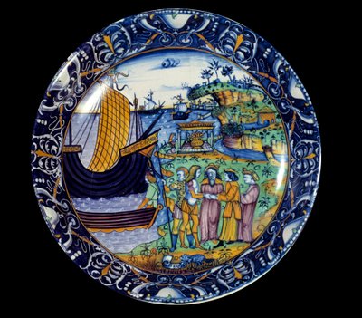 代表埃尼到达提洛岛的彩陶盘，由阿里乌斯国王收到。 1497 Sevres，国家文艺复兴博物馆 作者 未知艺术家