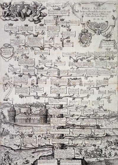 Family tree of the Royal Family of England from the 12th to the 17th century - engraving 作者 未知艺术家