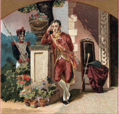 西班牙的斐迪南七世（1784-1833）是拿破仑一世在Valencay城堡（Indre）的囚犯。19世纪末的彩色石版画 作者 未知艺术家