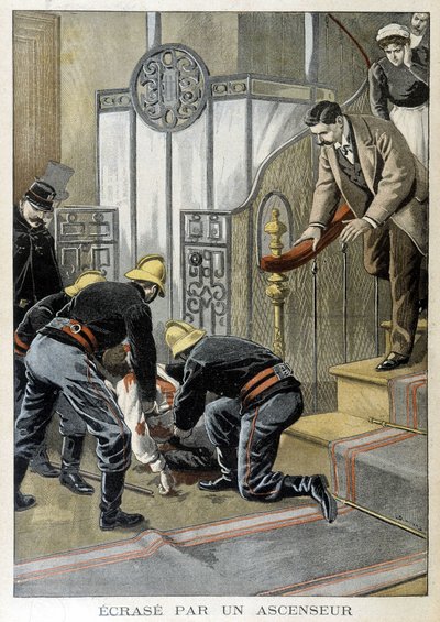救一名男子的消防员在巴黎大楼的电梯前坠毁。 1899 年的“小杂志”插图。 作者 未知艺术家