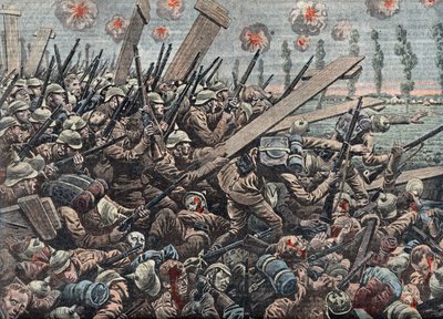 第一次世界大战：伊瑟尔河战役中的德国军队 1914 年 10 月 插图选自 "Le pelerin"，11 月 29 日 作者 未知艺术家