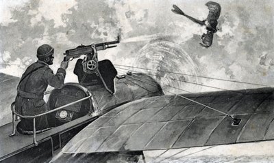 第一次世界大战："1914 年 9 月 2 日，法国飞行员 Jules Vedrines（1881-1919 年）在他的 Bleriot 飞机上用机枪击落了一架德国飞机 Taube"（第一次世界大战：1914 年 9 月 2 日，法国飞行员 Jules Vedrines 在他的 Bleriot 飞机上用机枪击落了一架德国飞机 Taube）。 作者 未知艺术家