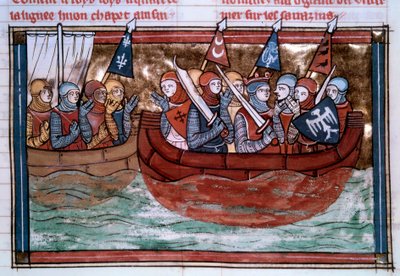 第一次十字军东征：Godefroi de Bouillon（1060-1100）和驶向圣地的渡口。 “”Roman De Godefroy De Bouillon et de Saladin”的缩影 作者 未知艺术家