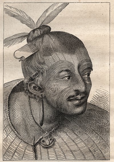詹姆斯-库克船长（1728-1779）的第一次航行（1768-1771）：新泽兰达人（Neo Zelandais）的纹身头像--插图取自 "18世纪的伟大航海家" 作者 未知艺术家