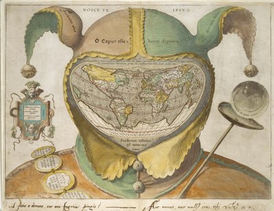 愚人帽世界地图，c.1590（灰白纸上的手工彩色雕刻，带有铁胆墨水铭文） 作者 未知艺术家