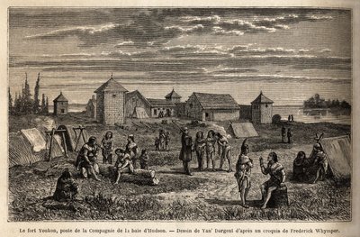 Fort Youkon, in the Gulf of Norton, Alaska, founded in 1847, an establishment of the Hudson Bay Company, Indians encamped around the palisades. Engraving to illustrate the voyage and adventures in English Colombia, Vancouver Island and Alaska, by Frederick 作者 未知艺术家
