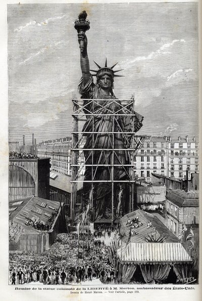 法国，巴黎，将自由女神像交给美国大使--将弗雷德里克-奥古斯特-巴托尔迪（1834-1904）制作的自由女神像包装在脚手架上，将其从巴黎运往美国 作者 未知艺术家