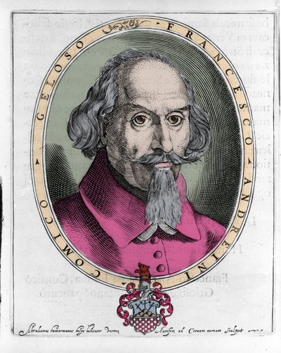 弗朗切斯科·安德烈尼（Francesco Andreini，约 1548-1624 年）意大利演员和喜剧喜剧的剧作家。 雕刻“斯帕文托船长的勇敢”，威尼斯 1624 作者 未知艺术家