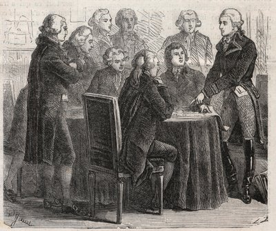法国大革命。路易-玛丽-德-纳邦-拉拉（Narbonne-Lara）伯爵（1755-1813）在议会的委员会中展示他的计划--在 "插图世界 "中的版画 作者 未知艺术家