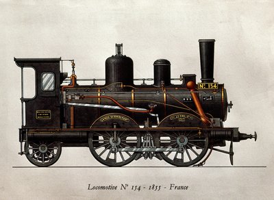 法国火车。1855年第154号机车。雕刻。巴黎，装饰艺术 作者 未知艺术家