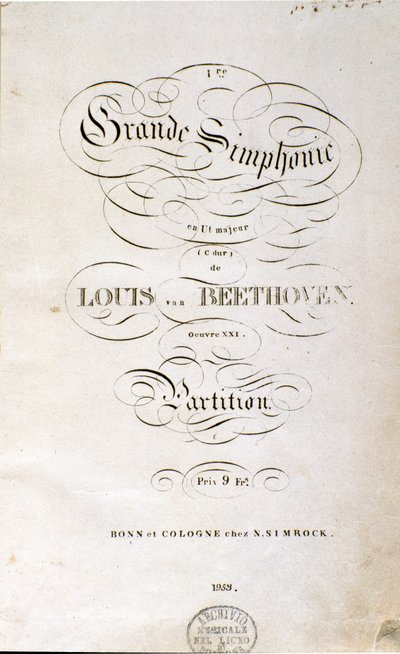 The Symphony n. 乐谱第一德文版的 Frontispice。 德国作曲家路德维希·范·贝多芬 (1770-1827) (1799-1800) 的 C 大调第一首。 波恩 作者 未知艺术家